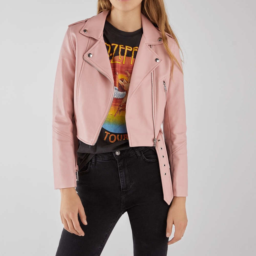 Pink Leather Jacket from Bershka
